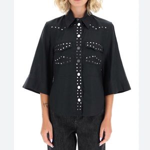 GANNI black linen shirt with collar, pockets, & studs. Size 32, equiv to XS, 0/2